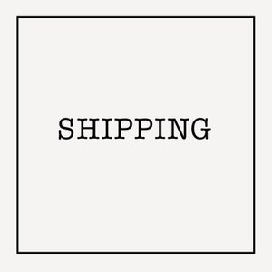 May include: The word "SHIPPING" in black, centered within a black-bordered square on a cream-coloured background. The text is in a bold, sans-serif font.