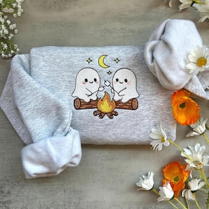 Halloween Camping Ghost Embroidered Sweatshirt, Embroidered Ghost Sweatshirt, Spooky Season Camping Sweatshirt, Cute Ghosts, Granola Girl