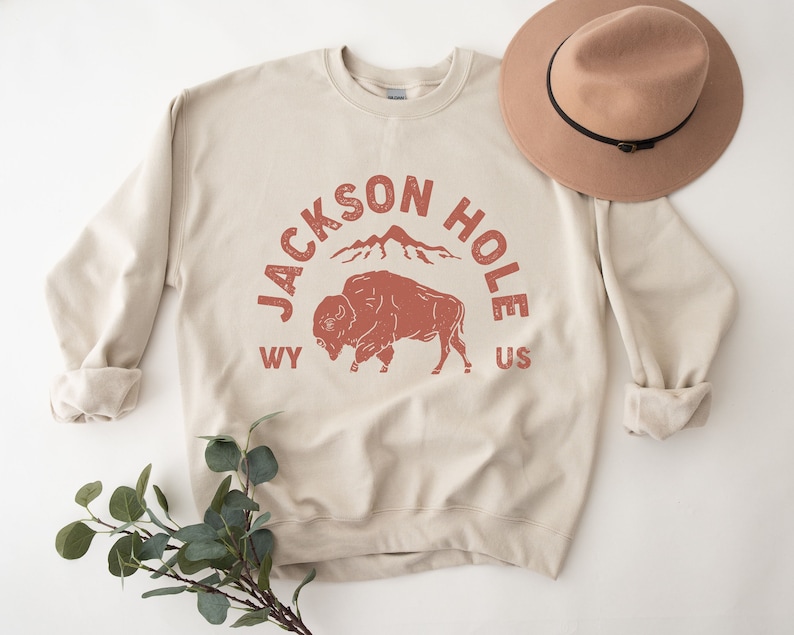 May include: A beige sweatshirt with a red graphic print of a bison, mountains, and the text "JACKSON HOLE WY US".