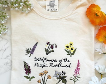 Pacific Northwest Wildflowers Embroidered Tshirt, Respect Local Wildlife Protect National Parks, Camping Granola Girl Shirt Washington State