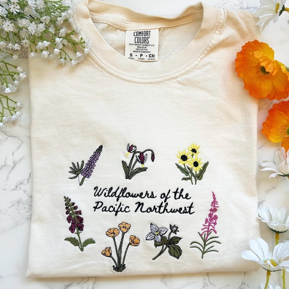 Pacific Northwest Wildflowers Embroidered Tshirt, Respect Local Wildlife Protect National Parks, Camping Granola Girl Shirt Washington State