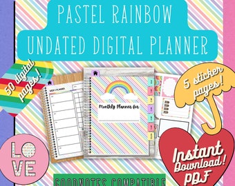 Pastel Rainbow, Undated Digital Planner, Digital Planner, Undated Planner, Rainbow Digital Planner, Rainbow Planner, Daily, Weekly & Monthly