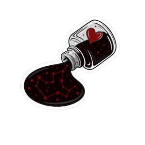 Könnte beinhalten: Ein Aufkleber mit einem umgestürzten Tintenflaschendesign. Die Flasche enthält ein rotes Herz und Sterne, wobei dunkle Flüssigkeit ausläuft und eine Konstellation aus Herzen und Sternen bildet. Die Flasche ist in Schwarz und Weiß umrandet.