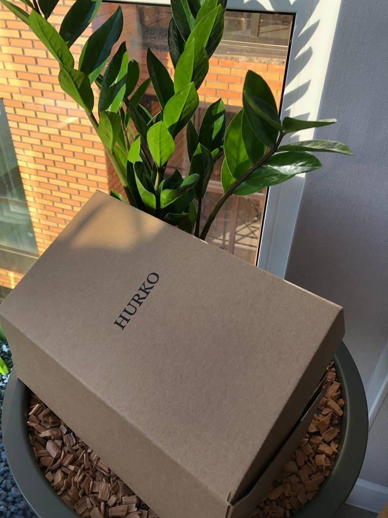 K&ouml;nnte beinhalten: Ein brauner Pappkarton mit dem Wort "HURKO" auf der Oberseite. Die Box liegt auf einer Schicht aus Holzsp&auml;nen in einem gr&uuml;nen Topf. Im Hintergrund befindet sich eine gr&uuml;ne Pflanze mit gro&szlig;en Bl&auml;ttern.