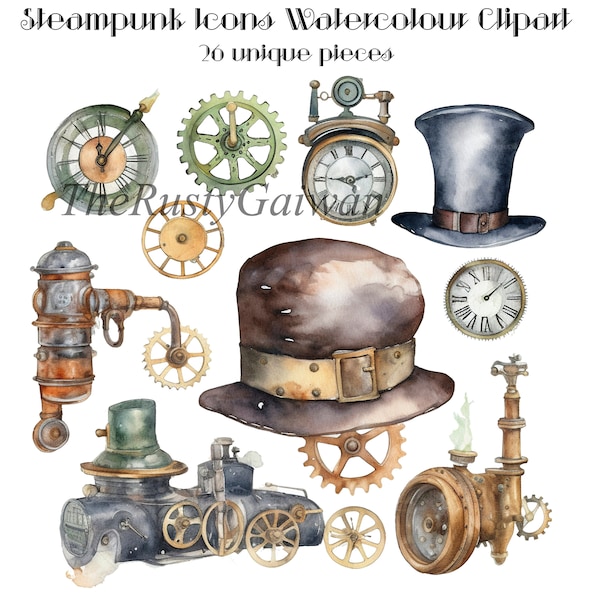 Steampunk Designs Watercolour PNG Bundle 26 Gears, Cogs and Watches Transparent Clipart Digital Download Designs for Commercial Use Vintage