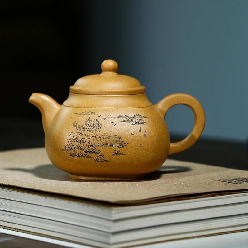 Golden Duanni Yixing Teapot Yellow Clay Square Handmade 200ml Tea
