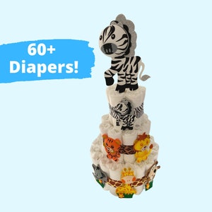 Safari Diaper Cake - Zebra Topper 60ct Diapers - Neutral Baby Shower Gift Idea Decoration Baby Shower for Baby Boy Diaper Cake for Baby Boy
