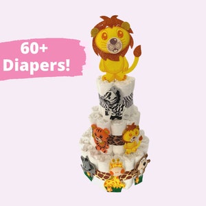 Safari Diaper Cake - Lion Topper 60ct Diapers - Neutral Baby Shower Gift Idea Decoration Baby Shower for Baby Boy Diaper Cake for Baby Boy