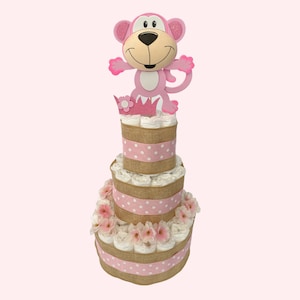 Safari Diaper Cake - Monkey Topper 60ct Diapers - Baby Shower Gift Idea Decoration Baby Shower for Baby Boy Diaper Cake for Baby Boy Cute