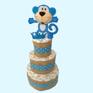 Safari Diaper Cake - Monkey Topper 60ct Diapers - Baby Shower Gift Idea Decoration Baby Shower for Baby Boy Diaper Cake for Baby Boy Cute