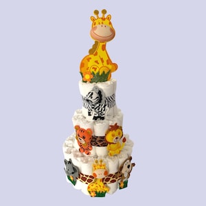 Safari Diaper Cake - Giraffe Topper 60ct Diapers - Neutral Baby Shower Gift Decoration Baby Shower for Baby Boy Diaper Cake for Baby Boy