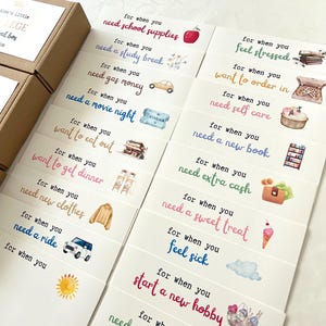 May include: A set of colorful cards with illustrations and text. Each card has a phrase like "for when you need school supplies" or "for when you feel stressed".
