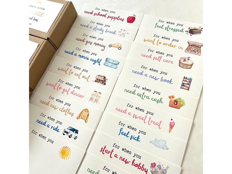 May include: A set of colorful cards with illustrations and text. Each card has a phrase like "for when you need school supplies" or "for when you feel stressed".
