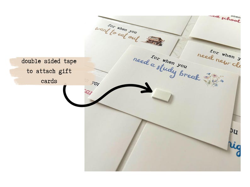May include: A set of white cards with handwritten messages for different occasions. The cards have text that reads "for when you want to eat out", "for when you need a study break", and "for when you need new clothes". A small piece of double-sided tape is shown to attach the cards to gifts.