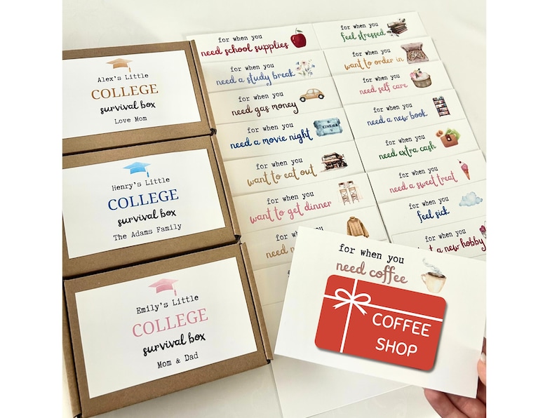 May include: Three brown boxes with the words "Alex's Little College Survival Box", "Henry's Little College Survival Box", and "Emily's Little College Survival Box" printed on them. The boxes are stacked on top of each other. A white card with the words "For when you need coffee" and "Coffee Shop" printed on it is in front of the boxes.