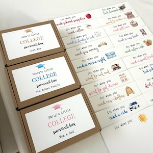 May include: Three brown gift boxes with white labels. Each box has a graduation cap and the words "College Survival Box" on the front. The boxes are labeled with different names: Alex's Little, Henry's Little, and Emily's Little. Each box has a personalized message below the name.