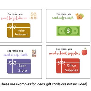 May include: Four gift card ideas for different occasions. The first card is for an Italian restaurant, the second is for cash, the third is for a book store, and the fourth is for office supplies.
