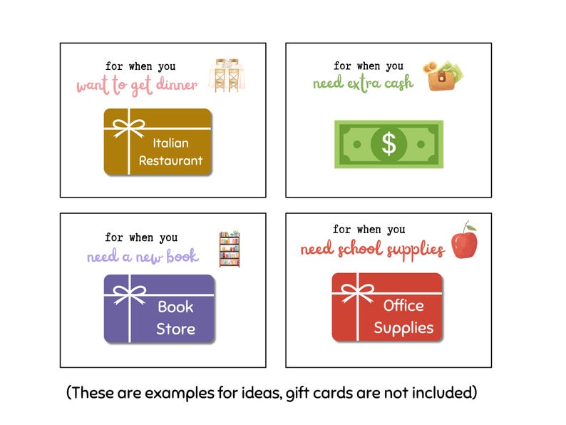 May include: Four gift card ideas for different occasions. The first card is for an Italian restaurant, the second is for cash, the third is for a book store, and the fourth is for office supplies.