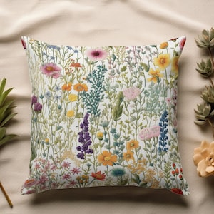 Wildflower Faux-Embroidered Throw Pillow Cover - Rustic Floral Design, Cozy Home Decor, Nature-Inspired Fall Cushion Case