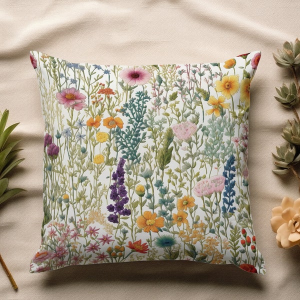 Wildflower Faux-Embroidered Throw Pillow Cover - Rustic Floral Design, Cozy Home Decor, Nature-Inspired Fall Cushion Case