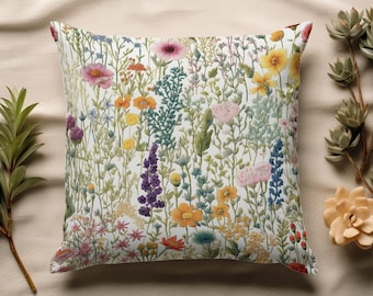 Wildflower Faux-Embroidered Throw Pillow Cover - Rustic Floral Design, Cozy Home Decor, Nature-Inspired Fall Cushion Case