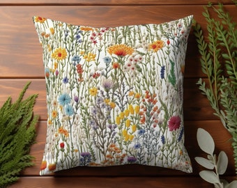 Wildflower Faux-Embroidered Throw Pillow Cover - Rustic Floral Design, Cozy Home Decor, Nature-Inspired Fall Cushion Case
