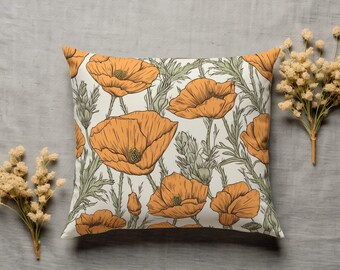 Poppies Throw Pillow Cover, Boho Cottagecore Decor, Cozy Home Decor, Scandinavian Pillow, Floral Pillow, California Pillow