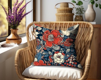 Retro Floral 4th of July Pillow Cover - Patriotic Red, White, Blue Summer Decor