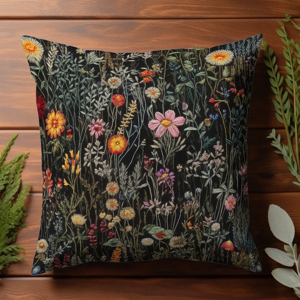 Wildflower Faux-Embroidered Throw Pillow Cover - Rustic Floral Design, Cozy Home Decor, Nature-Inspired Fall Cushion Case