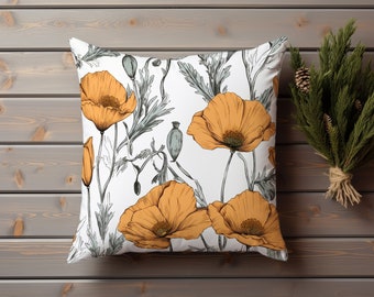 Poppies Throw Pillow Cover, Boho Cottagecore Decor, Cozy Home Decor, Scandinavian Pillow, Floral Pillow, California Pillow