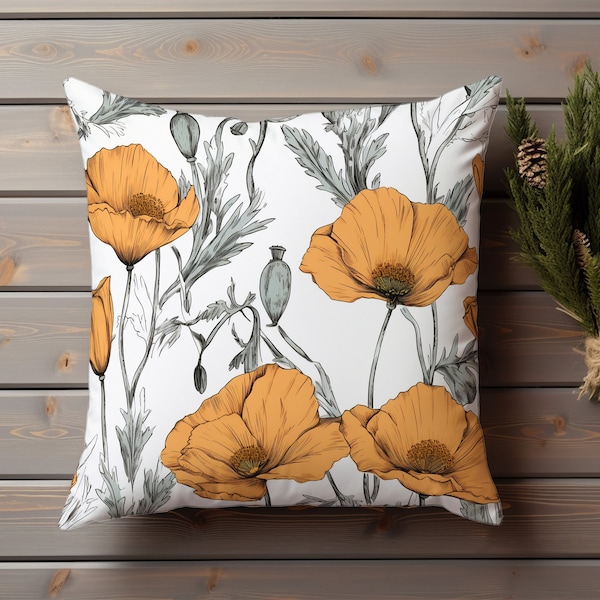 Poppies Throw Pillow Cover, Boho Cottagecore Decor, Cozy Home Decor, Scandinavian Pillow, Floral Pillow, California Pillow