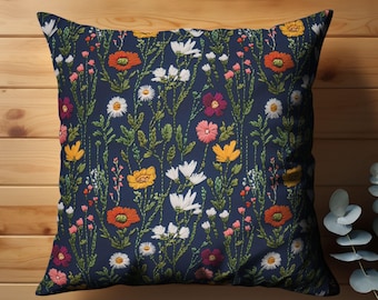 Wildflower Faux-Embroidered Throw Pillow Cover, Rustic Floral Design, Cozy Home Decor, Boho Cottagecore Pillow