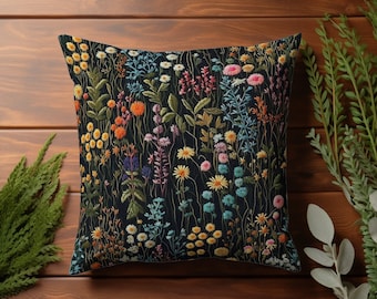 Wildflower Faux-Embroidered Throw Pillow Cover - Rustic Floral Design, Cozy Home Decor, Nature-Inspired Fall Cushion Case