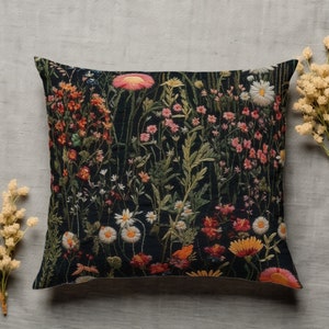 Wildflower Faux-Embroidered Throw Pillow Cover - Rustic Floral Design, Cozy Home Decor, Nature-Inspired Fall Cushion Case