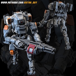 Könnte beinhalten: Zwei detaillierte, grau-orange Roboterfiguren werden vor einem dunklen Hintergrund dargestellt. Eine Figur hält eine große Waffe mit rotem Akzent. Die Figuren haben komplizierte mechanische Designs mit sichtbaren Gelenken und Paneelen. Der Text "WWW.PATREON.COM/EXTRA_GUY" ist oben sichtbar.