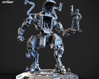 May include: A gray, detailed, 3D printed model of a robot with a pilot inside. The robot is standing on a circular base. A smaller, gray, 3D printed model of a pilot is standing on the robot's outstretched arm.