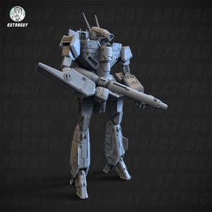 May include: A light gray, detailed robot model with a large gun held in its right hand. The robot has a complex design with multiple panels and antennas. The Extraguy logo is in the top left corner.
