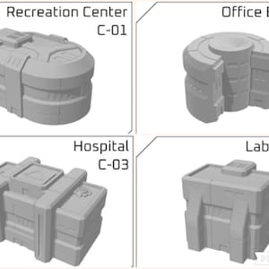 May include: Four 3D printed models of buildings, each with a different design and labelled with a name and code. The models are grey and appear to be made of plastic.