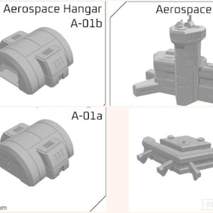May include: A collection of gray, 3D-printed aerospace models, including a hangar, control tower, and other structures. The image includes the text "Aerospace Hangar A-01b", "Aerospace Control A-02", and "A-01a". The dimensions are 70 x 76 x 30 mm.