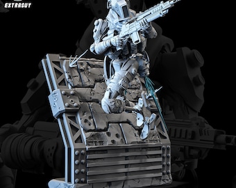 May include: A gray 3D printed figurine of a character from the video game Apex Legends. The character is holding a rifle and is standing on a platform with a cracked surface. The figurine is detailed and realistic.