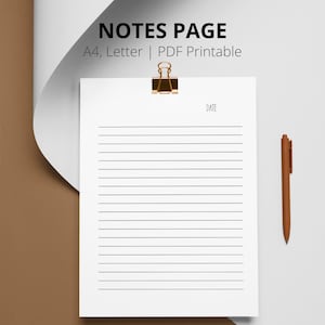Notes Page Printable, Lined Notes Template, Note Taking, Writing Paper, Notes Planner Insert, A4/Letter Instant Download PDF