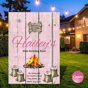 Könnte beinhalten: Rosa Einladung für eine Geburtstagsfeier mit Lagerfeuer im Garten. Die Einladung zeigt den Namen "Hailey's" in Schreibschrift, eine Lagerfeuergrafik und Veranstaltungsdetails.