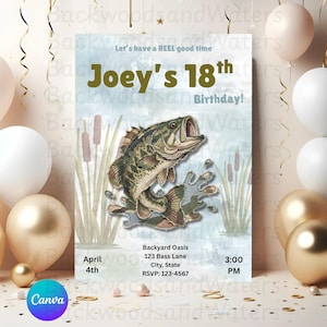 Może przedstawiać: Zaproszenie na 18. urodziny Joey'ego, z ilustracją skaczącego okonia. Projekt zawiera tekst "Let's have a REEL good time" oraz szczegóły wydarzenia: 4 kwietnia, godzina 15:00 i informacje RSVP.