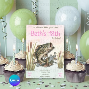 Op de afbeelding: Een verjaardagsuitnodiging met een visthema. De uitnodiging luidt "Beth's 18e verjaardag!" en bevat een illustratie van een springende baars. De uitnodiging is omgeven door cupcakes, ballonnen en confetti.