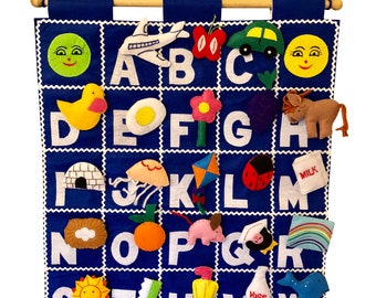 Könnte beinhalten: Ein blauer Filz-Alphabet-Wandbehang mit Taschen für jeden Buchstaben. Jede Tasche hat eine Filzapplikation, die ein Wort darstellt, das mit diesem Buchstaben beginnt. Zum Beispiel hat die Tasche für A ein Flugzeug, die Tasche für B einen Schmetterling und die Tasche für C ein Auto.
