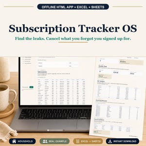 Subscription Tracker OS Offline Browser App + Spreadsheet, Excel + Google Sheets