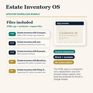 Estate Inventory OS bundle image showing included workbook files, filled example, guide, instant download, and compatibility.