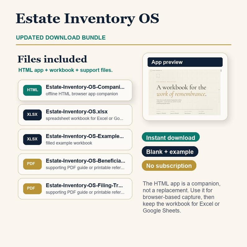 Estate Inventory OS bundle image showing included workbook files, filled example, guide, instant download, and compatibility.
