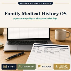 Family Medical History OS Offline Browser App + Spreadsheet, Excel + Google Sheets