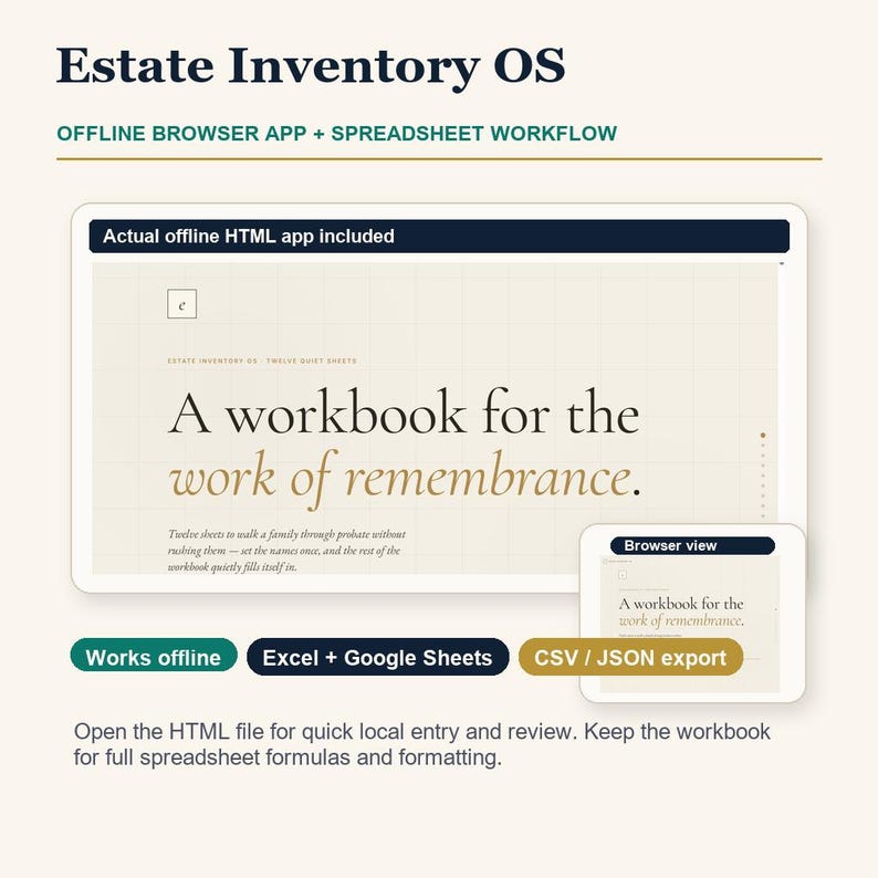 Estate Inventory OS multi-device image showing the product on laptop, tablet, and phone with Excel or Google Sheets compatibility.